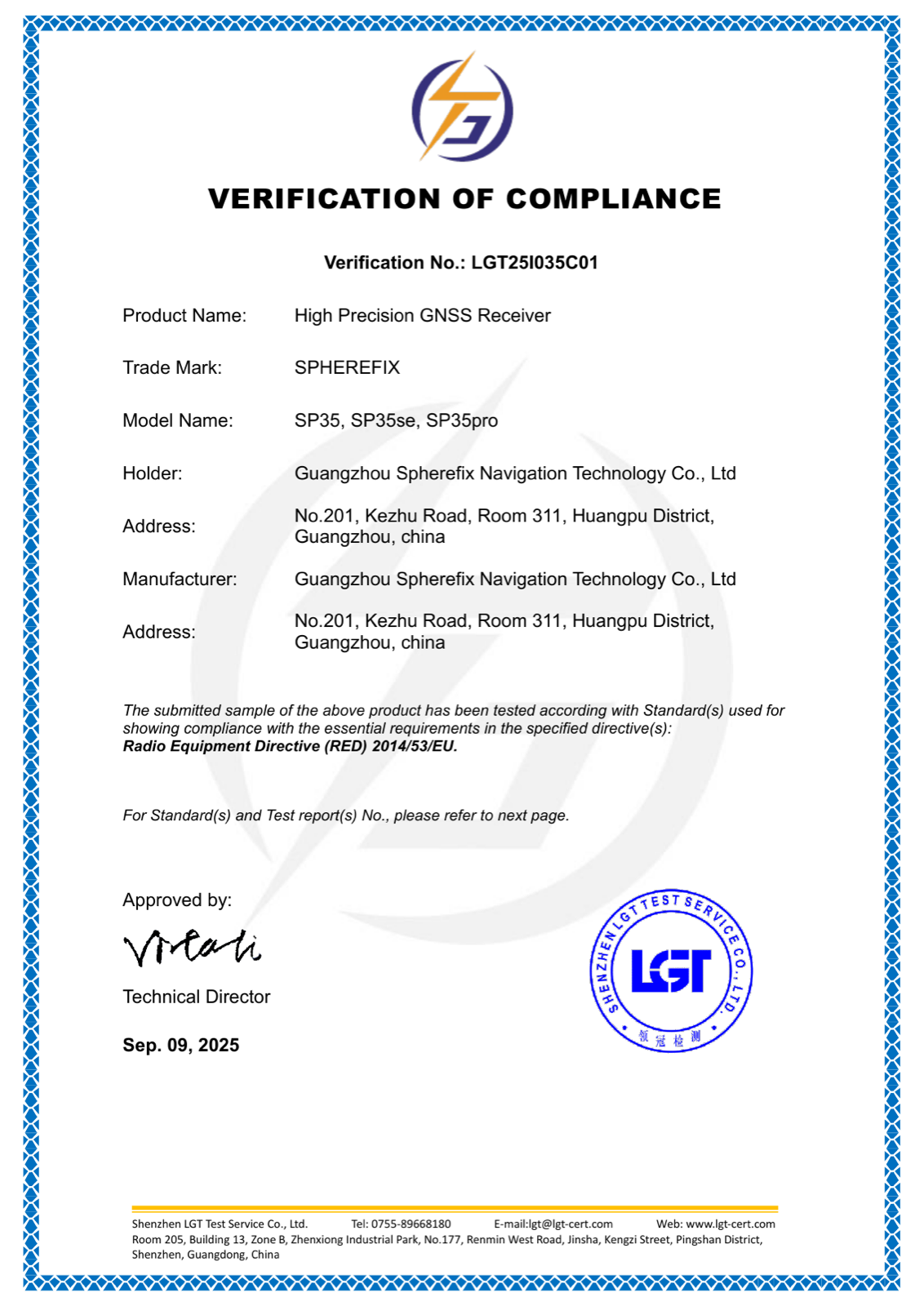 Spherefix CE RED certificate image